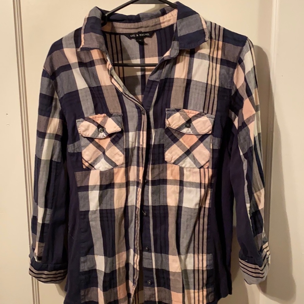 Zac & Rachel navy and pink plaid blouse